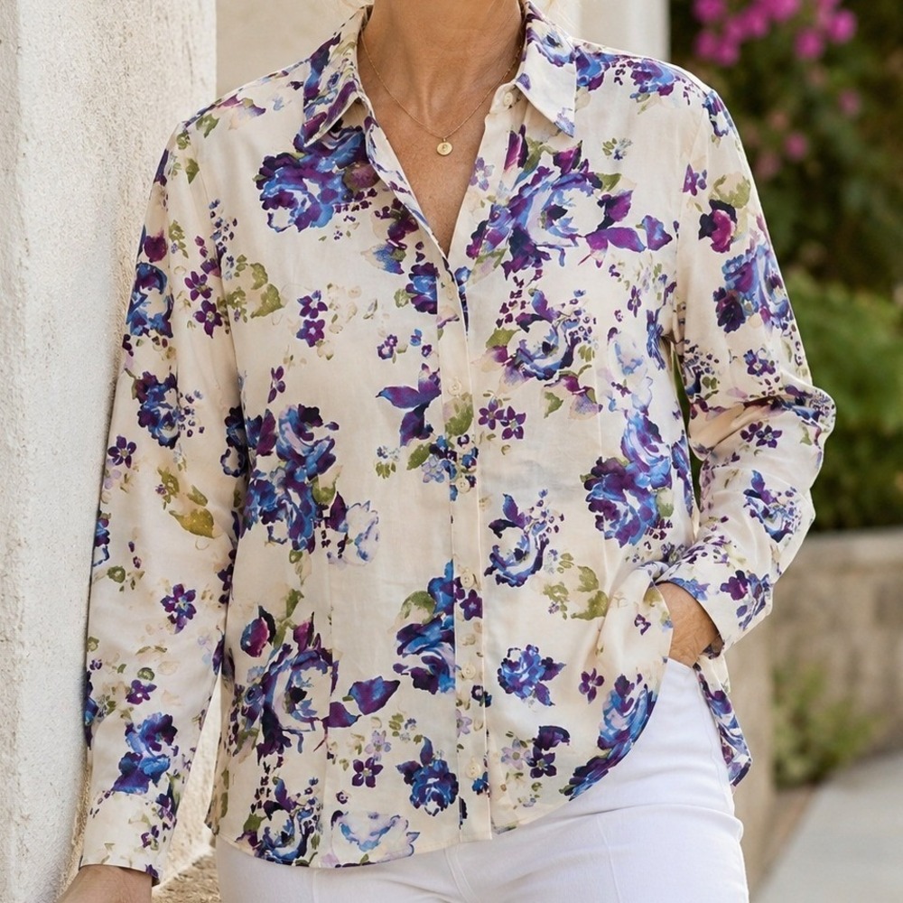Chico's Floral Button Front Blouse Size 2 Cottagecore Feminine Romantic Top‎